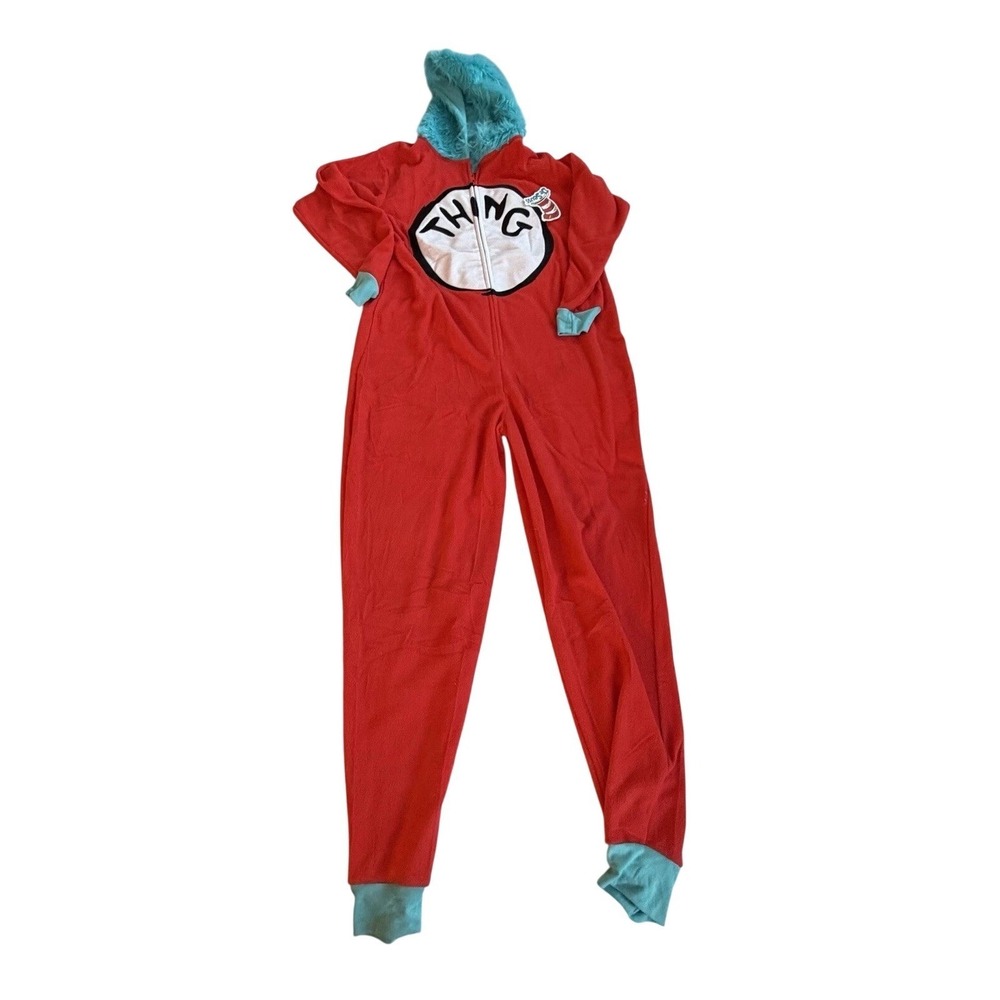 Dr. Seuss Thing 1 Thing 2 Red Fleece One Piece Costume Pajamas‎ Adult M